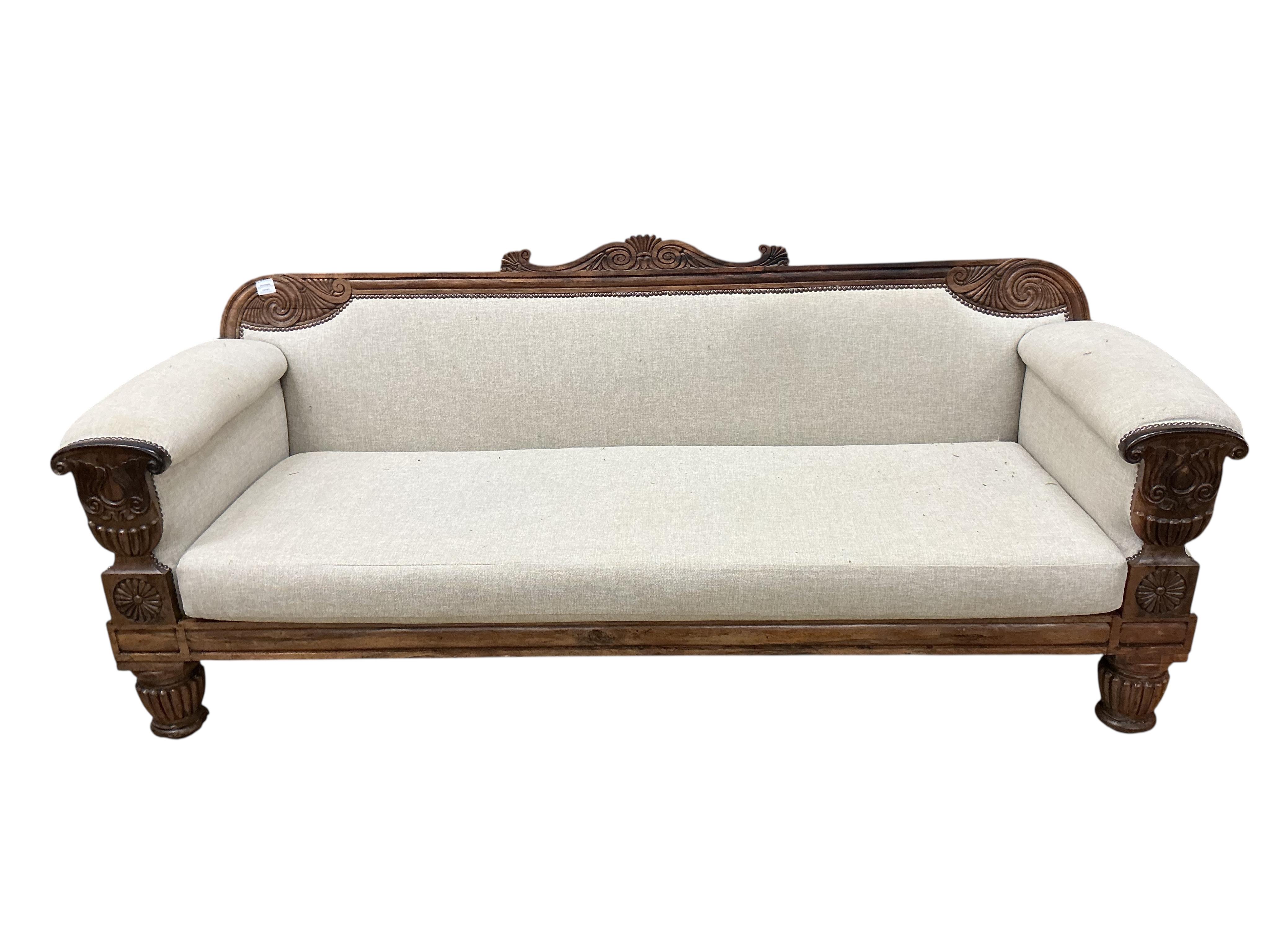 A William IV upholstered rosewood settee, width 200cm, depth 70cm, height 86cm